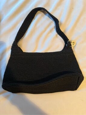 The Sak Black Crochet Shoulder Bag with Gold Charm